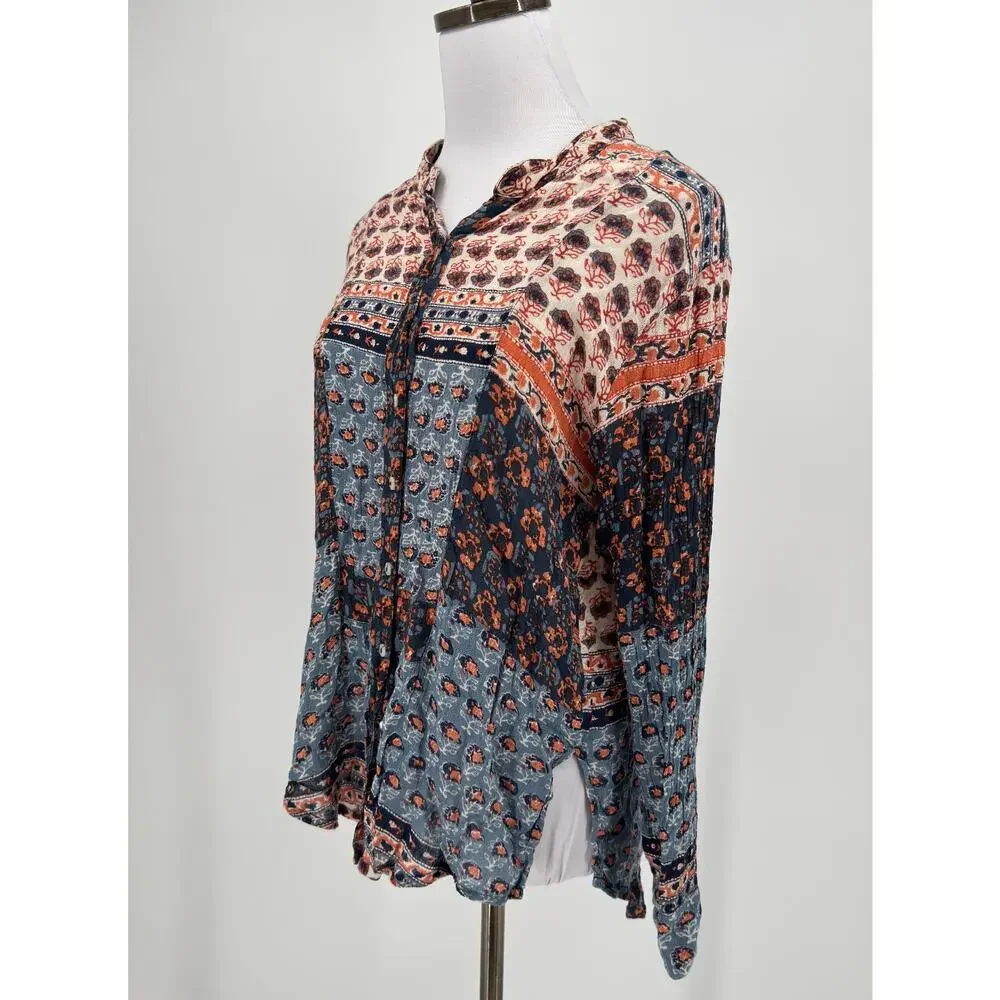 Free People Caravan Multicolor Patchwork Crepe Button Down Blouse Top Sz XS